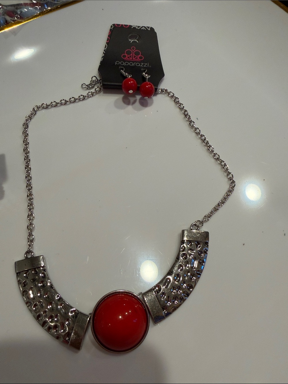 paparazzi Silver-Tone Necklace with Bold Red Center and Matching Studs